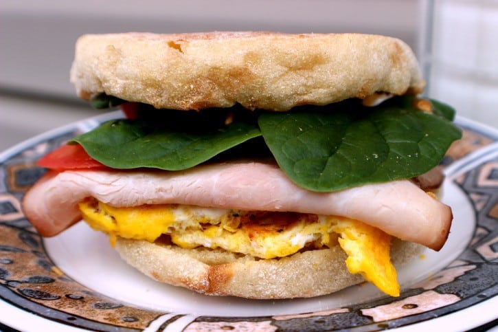 This Hearty High Protein Breakfast Sandwich can be prepared in advance and refrigerated or frozen until you want to eat one. When your on your way out the door in the morning, heat one up, add your toppings and your ready to start the day out on the right foot.