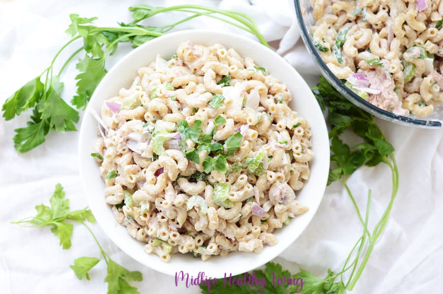 A top down look at the full bowl of weight watchers macaroni salad recipe with tuna