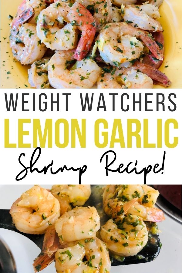 Pin showing the finished weight watchers shrimp recipe with title across the middle in black and yellow lettering.