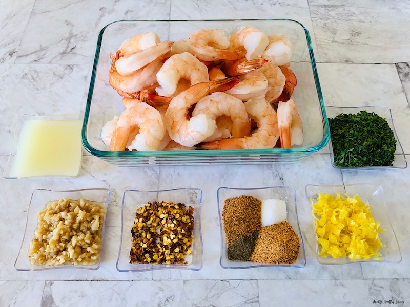 ingredients needed to make weight watchers shrimp recipe laid out before we begin cooking.